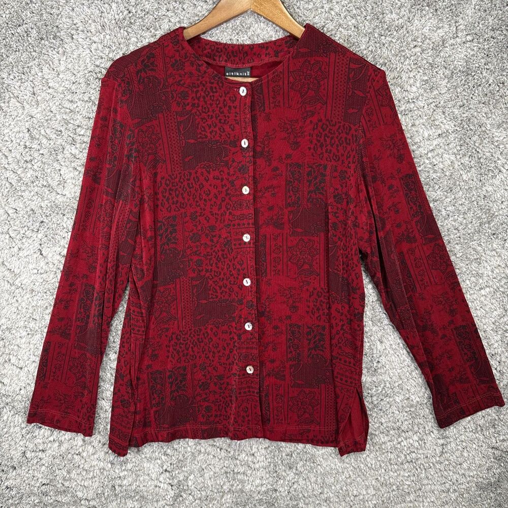 Vintage 90s Slinky Knit Button Down Shirt Medium Black Red Whimsigoth Stretch
